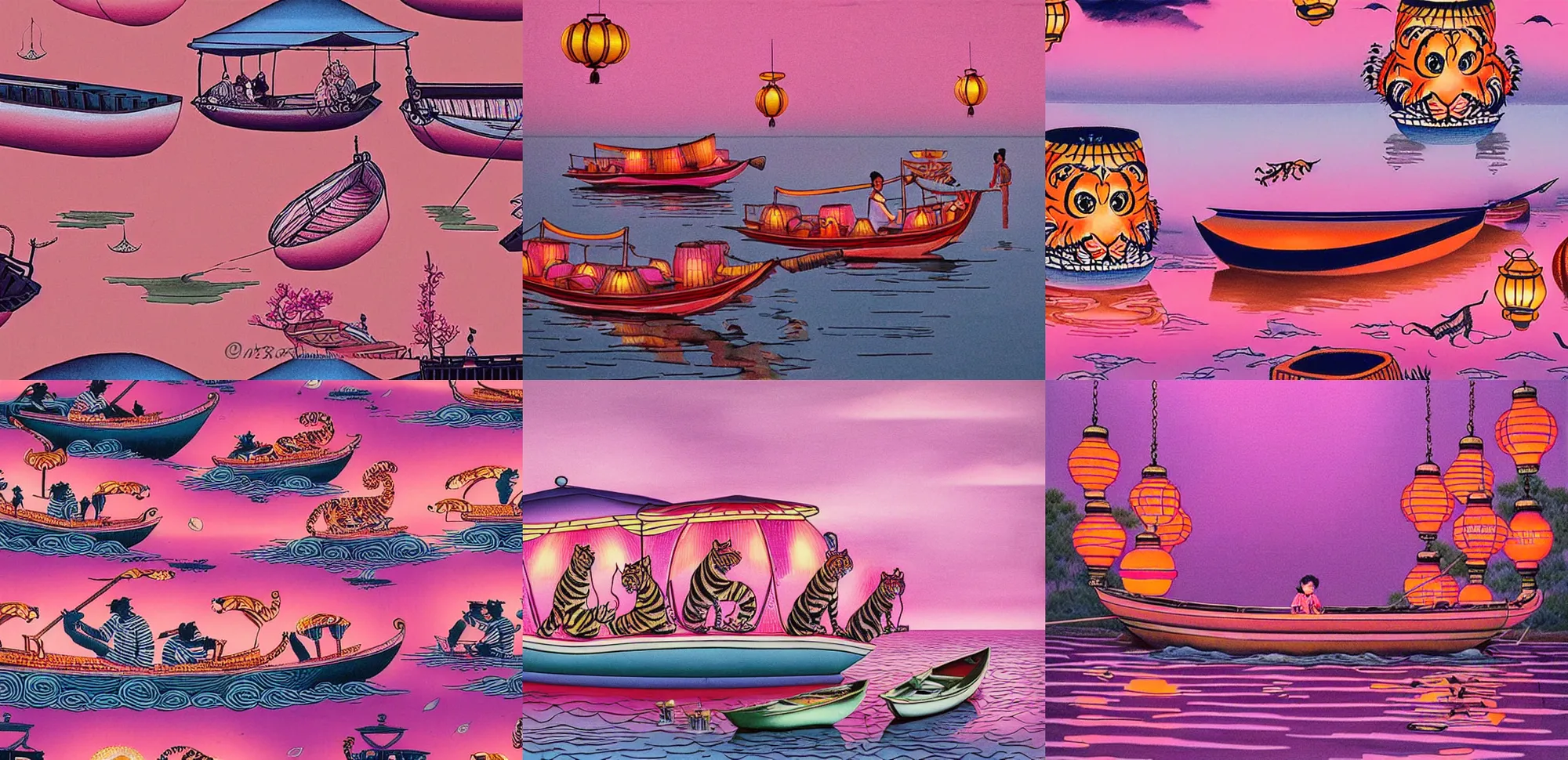 Image similar to tigers retro boats on river asian lanterns pink hues, surrealism, ornate, oriental