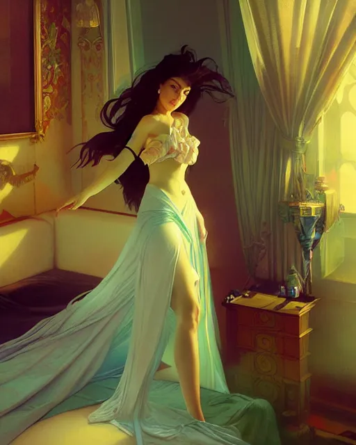 Image similar to princess, posing, vaporwave, bedroom, highly detailed, digital painting, artstation, concept art, smooth, sharp focus, illustration, art by artgerm and greg rutkowski and alphonse mucha