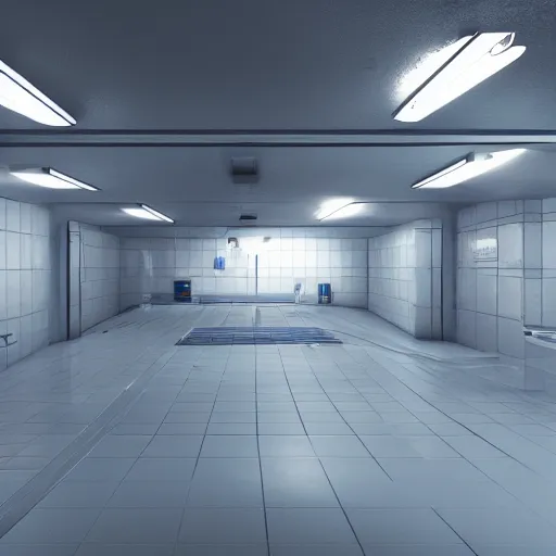 Image similar to lonely spaces of underground lab, sterile, clean, cinematic, liminal space, unreal engine, in-game screenshot