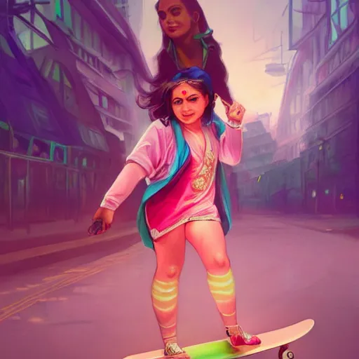 Image similar to character concept of a white bengali girl, chubby, riding a skateboard, neon lights, highly detailed, digital painting, artstation, concept art, symmetry, smooth, sharp focus, illustration, art by artgerm and greg rutkowski and alphonse mucha