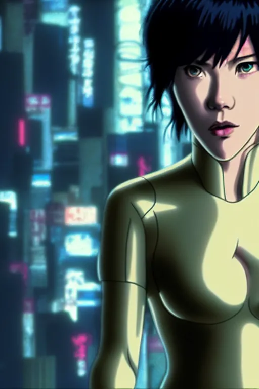 Image similar to long shot from the film ghost in the shell, style of yoshii chie, cinematic, highly detailed