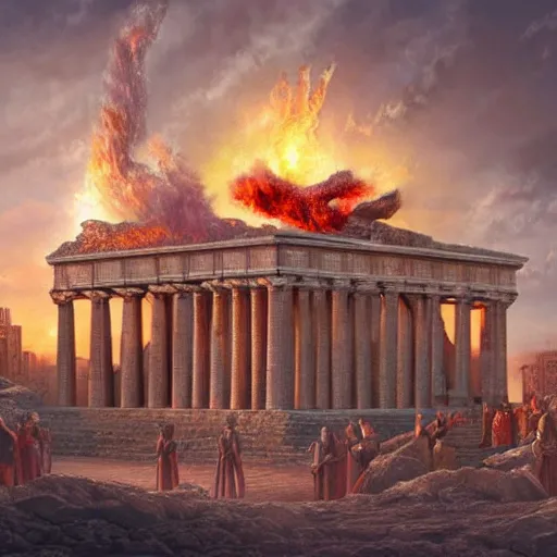 Image similar to a beautiful and realistic matte painting of the Temple of Herod aflame