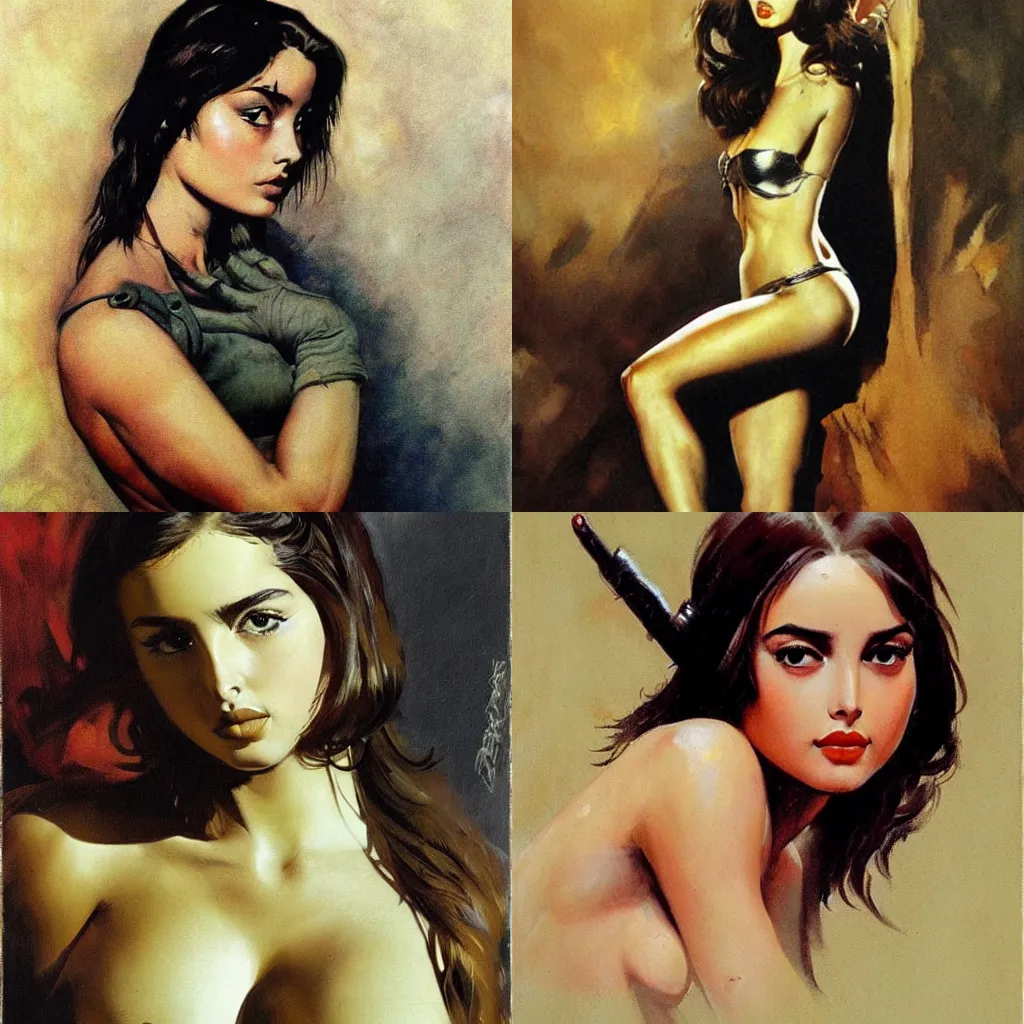 Prompt: Portrait of Ana de Armas by Frank Frazetta