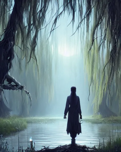 Image similar to highly detailed surreal vfx portrait of a cursed dagger in a shadowy swamp by a willow tree, stephen bliss, unreal engine, greg rutkowski, loish, rhads, beeple, makoto shinkai and lois van baarle, ilya kuvshinov, rossdraws, tom bagshaw, alphonse mucha, global illumination, detailed and intricate environment