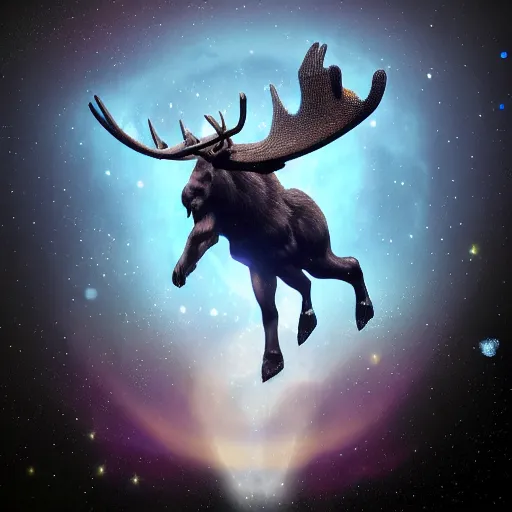 Prompt: a majestic space moose, soaring through space, digital art, trending on artstation