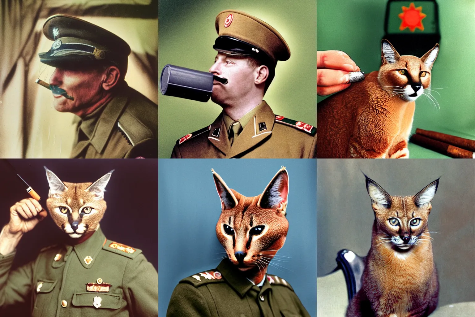 Image similar to colorized caracal cat as a soviet general smokes cigar film photography, cold war, military portrait