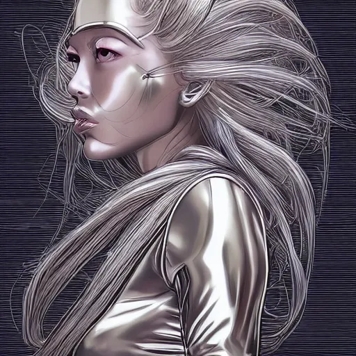 Image similar to gold and silver tones, star wars cybernetic princess, style of moebius, james jean, mcbess, long glowing ethereal hair, cinematic, highly detailed, award winning, 8 k photorealistic