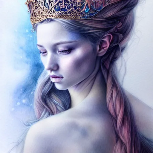 Prompt: hyper realistic pencil drawing of a fantasy princess, muted water color, full portrait, detailed, rim light, diffused, intricate, by anna dittmann