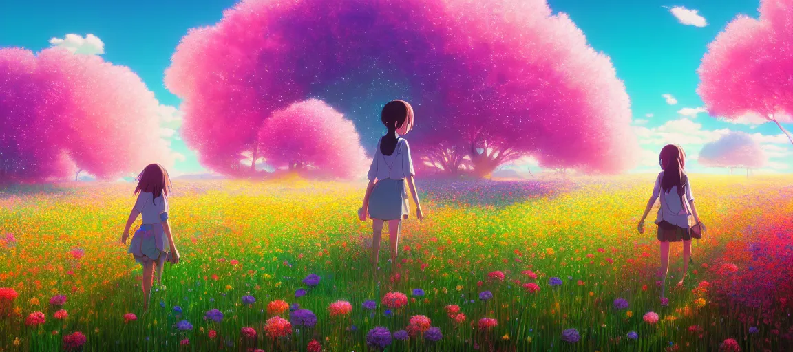 Image similar to a beautiful ultra - detailed panorama of a girl walking through a field of colorful flowers by beeple, studio ghibli, makoto shinkai, wallpaper, highly detailed, trending on artstation, anime