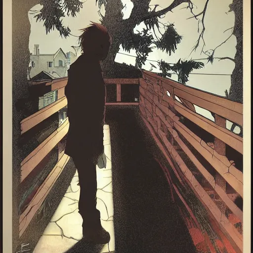 Image similar to michael myers in outside the myers house, halloween night, finely illustrated pale mask, moon light, shrubs, highly detailed, colored pencil, gainax, tankobon, in the style of ilya kuvshinov and yoshiyuki sadamoto and william - adolphe bouguereau and alphonse mucha