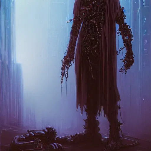 Prompt: painting of a cloaked tech priest holding a book, cybernetic enhancements attached to his body, covered in wiring, Zdzislaw Beksinski, Lewis Jones, Warhammer 40K!!, darksynth, cyberpunk art, cold hue's, cold tone gradient background, concept art, digital painting