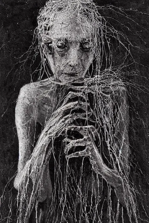 Prompt: portrait of an old witch, black and white, beksinski, made of rust, spiders and nerves, high detail, memento mori, houdini rendering, trending artstation, photorealistic, cosmic energy kelly mckernan, yoshitaka amano, hiroshi yoshida, moebius, artgerm, dark art and bizarre surreal pictures