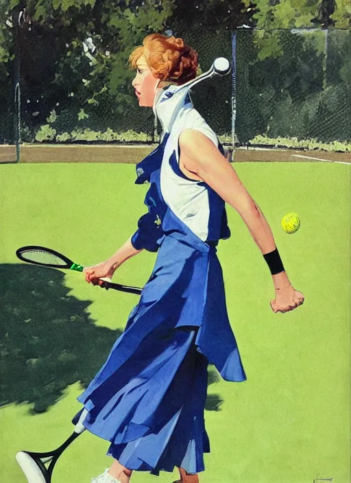 Prompt: a low angle copic maker art nouveau portrait of a tired russian girl playing tennis on a grass court wearing a futuristic blue anorak and a black latex suit designed by balenciaga by john berkey norman rockwell