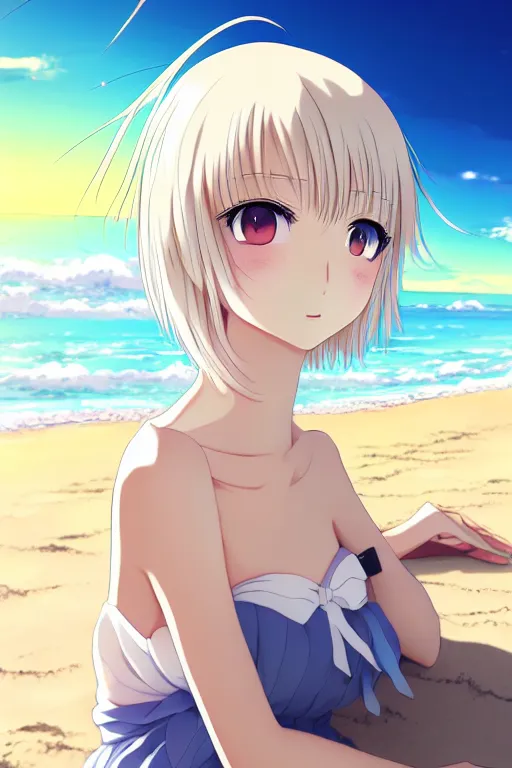 Image similar to anime art full body portrait character concept art, anime key visual of elegant young female, platinum blonde straight bangs and large eyes, finely detailed perfect face delicate features directed gaze, laying down in the sand at sunset at a beach trending on pixiv fanbox, studio ghibli, extremely high quality artwork