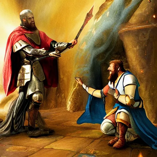 Prompt: fantasy painting of an ancient cleric healing a wounded knight, cleric is unwashed, crazed, laughing, glowing eyes