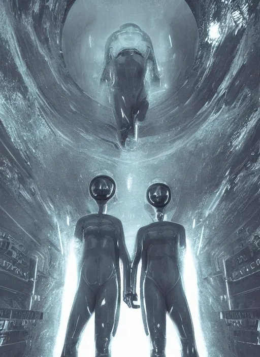 Prompt: astronauts in dark minimalists underwater void - hyperdetailed suit. reflection and dispersion materials. rays and dispersion of light. volumetric light. 5 0 mm, f / 3 2. noise film photo. flash photography. ultra realistic, wide angle. poster by wayne barlowe, hajime sorayama aaron horkey, craig mullins. dark key.
