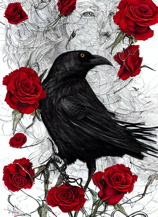 Image similar to portrait, A crow with red eyes in front of the full big moon, book cover, red roses, red white black colors, establishing shot, extremly high detail, foto realistic, cinematic lighting, pen and ink, intricate line drawings, by Yoshitaka Amano, Ruan Jia, Kentaro Miura, Artgerm, post processed, concept art, artstation, matte painting, style by eddie mendoza, raphael lacoste, alex ross