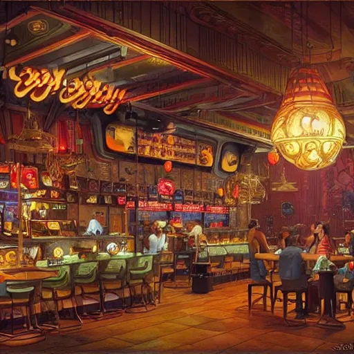 Image similar to “a fantasy fast food restaurant called ‘Goodberry’, based off of Good Burger, fantastical ambience, D&D, fantasy, intricate, cinematic lighting, highly detailed, digital painting, artstation, concept art, smooth, sharp focus, illustration, art by Artgerm and Greg Rutkowski and Alphonse Mucha”