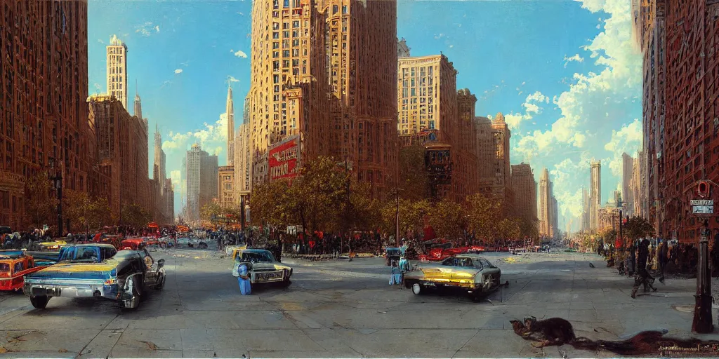 Prompt: Chicago street city, hyperrealism, no blur, 4k resolution, ultra detailed, style of John Berkey, Norman Rockwell, Hans Thoma, Ivan Shishkin, Tyler Edlin, Thomas Kinkad