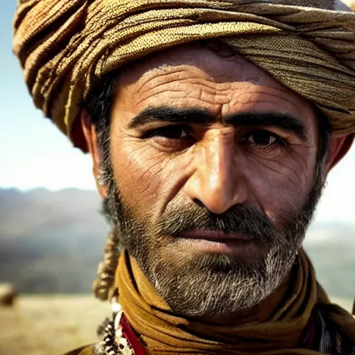 Image similar to Close up of a Kurdish shepherd wearing traditional Kurdish clothes in a movie directed by Christopher Nolan, movie still frame, promotional image, imax 70 mm footage