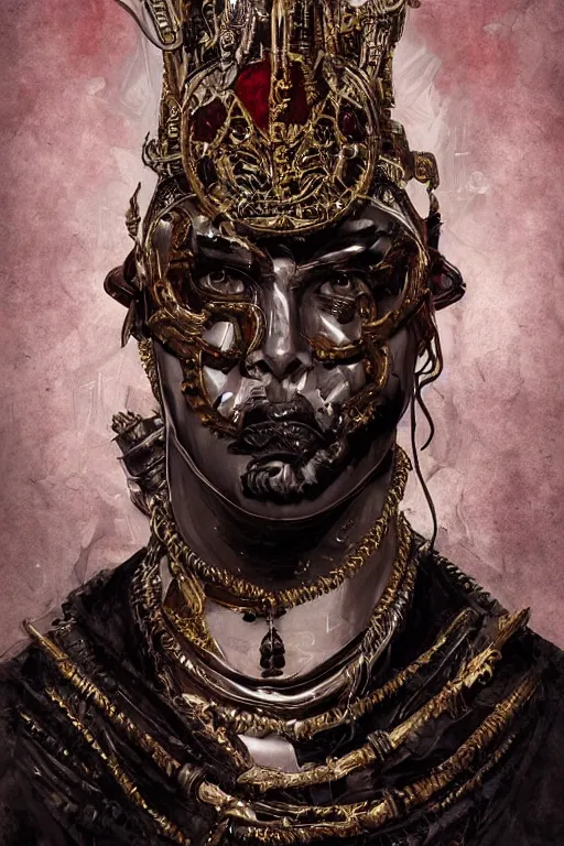 Prompt: epic, portrait, headshot, digital painting, of a 1 7 th century, decadent, cyborg king!, metal - faced, techno - melded with is throne!, dark hair, piercings, amber jewels, baroque!, ornate dark red opulent clothing, scifi, futuristic, realistic, hyperdetailed, concept art, rule of thirds, mannerism