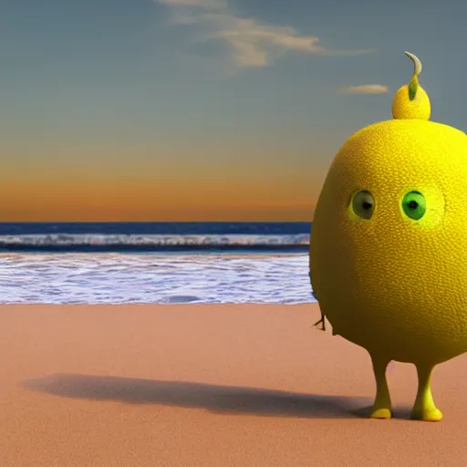 Image similar to 3 d render, of anthropomorphic lemon character looks like a monster from the movie وmonsters inc, with lemon skin texture, he is wearing a hat, building a sandcastle on the beach at sunset, beach, huge waves, sun, clouds, long violet and green trees, rim light, cinematic photography, professional, sand, sandcastle, volumetric lightening