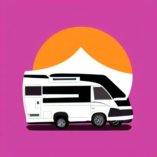 Image similar to very very very minimal vector graphic of a white and black thor chateau motorhome, color highway, mountains and sunset!!, all enclosed in a circle, white background, dramatic, professional minimal graphic design cartoon, award winning