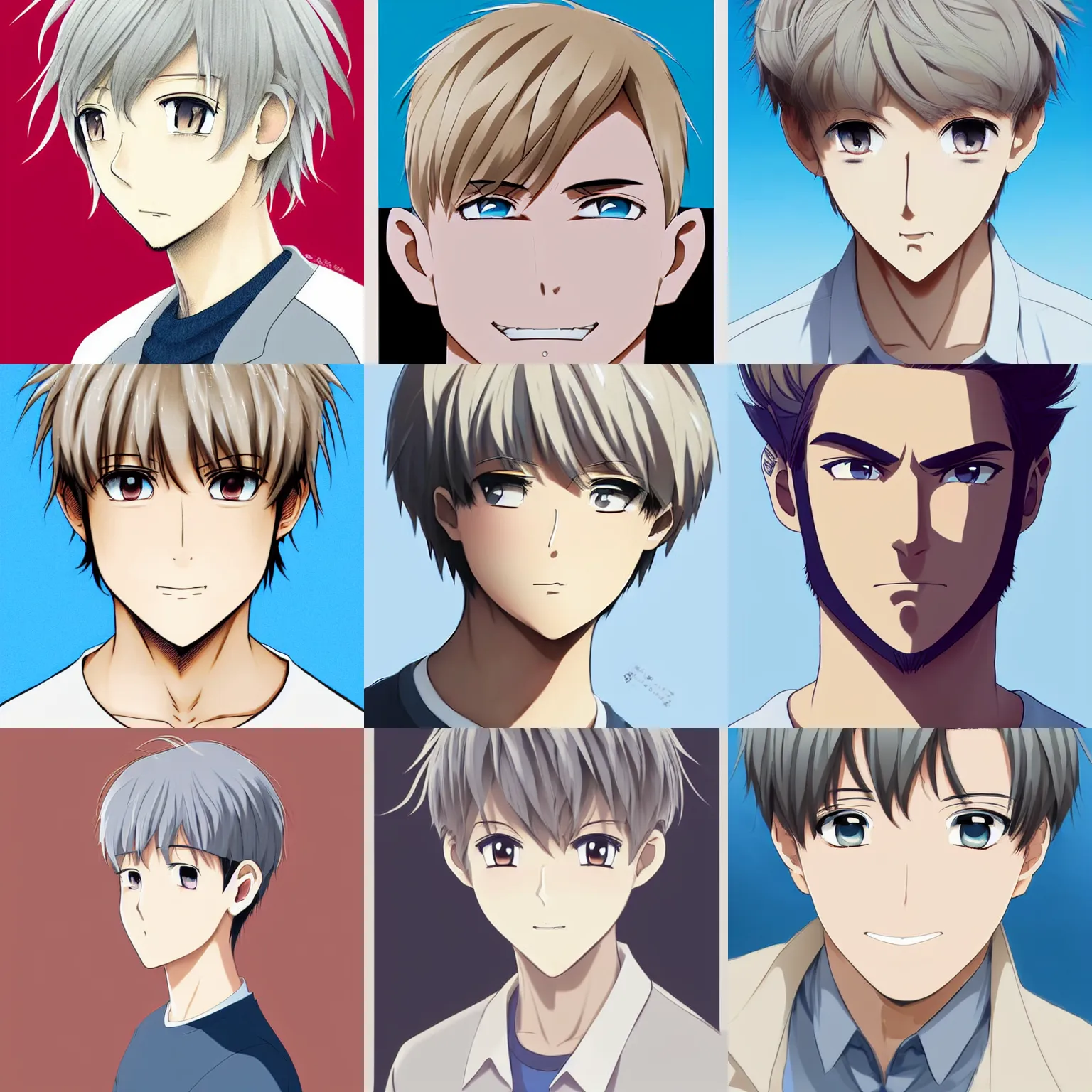 Prompt: A medium shot anime portrait of a smiling anime man with very short beige hair, light grey-blue eyes, beige hair, short beige and white whiskers, medium shot portrait, his whole head fits in the frame, short hair on top of his head, solid color background, flat anime style shading, head shot, 2d digital drawing by Stanley Artgerm Lau, WLOP, Rossdraws, James Jean, Andrei Riabovitchev, Marc Simonetti, and Sakimi chan, trending on artstation