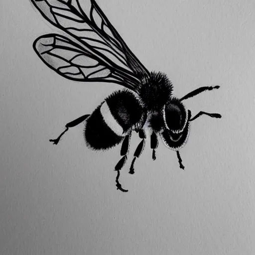 Image similar to bee, black and white, botanical illustration, black ink on white paper, bold lines