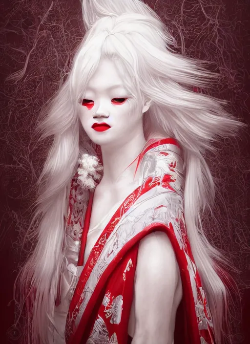 Image similar to albino maiko with very long fantasy hair, fluent composition, red and white neon, concept art, ambient light, 4 k, intricate details, highly professionally detailed, cgsociety, highly detailed -