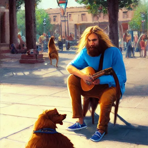 Image similar to oil painting of a young man with long hair blond and a beard hippie style with his golden retrever dog playing guitar in the square for money, people watching around, by greg rutkowski, artstation