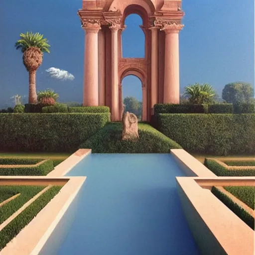 Image similar to David Ligare masterpiece, hyperrealistic surrealism, award winning masterpiece with incredible details, epic stunning, infinity pool, a surreal vaporwave liminal space, highly detailed, trending on ArtStation, broken giant marble head statue ruins, calming, meditative, pink arches, flowing silk sheets, geometric liminal space, palm trees, very vaporwave, very very surreal, sharp details, artgerm and greg rutkowski and alphonse mucha, daily deviation, IAMAG