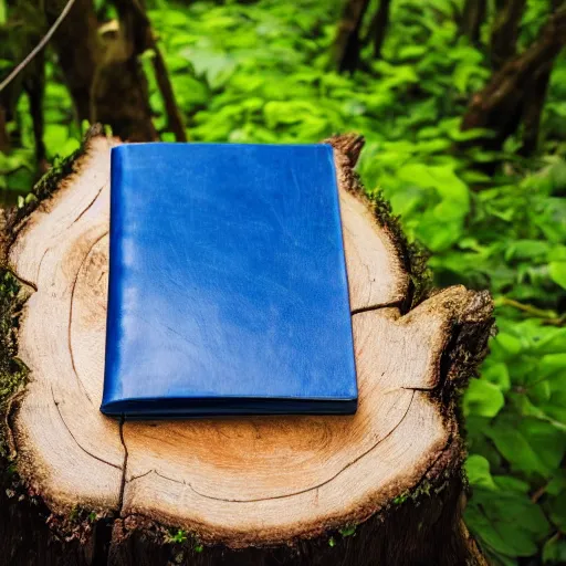 Image similar to a blue leather bound book, standing open on a wooden stump in a jungle, vines growing around