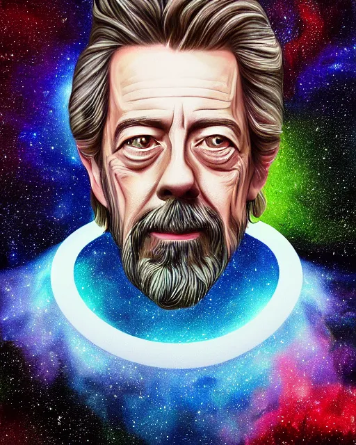 Image similar to alan watts floating in the universe portrait painting highly detailed procreate, featured on artstation