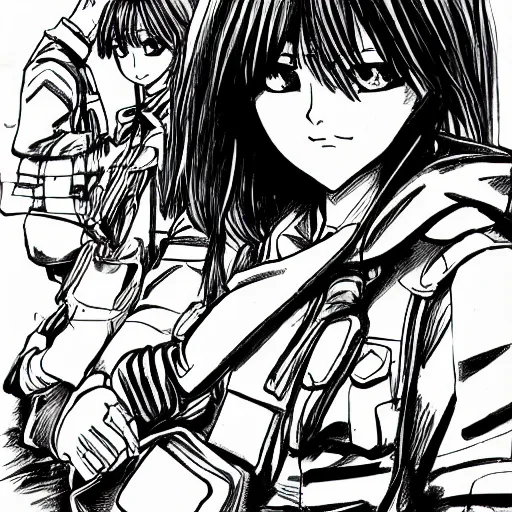 Image similar to manga style, black and white, precise line art, portrait of girl, trench sandbags in background, soldier clothing, military gear, short hair, hair down, symmetrical facial features, realistic face, 4 k, detailed drawing, available on mangadex, by kohei horikoshi