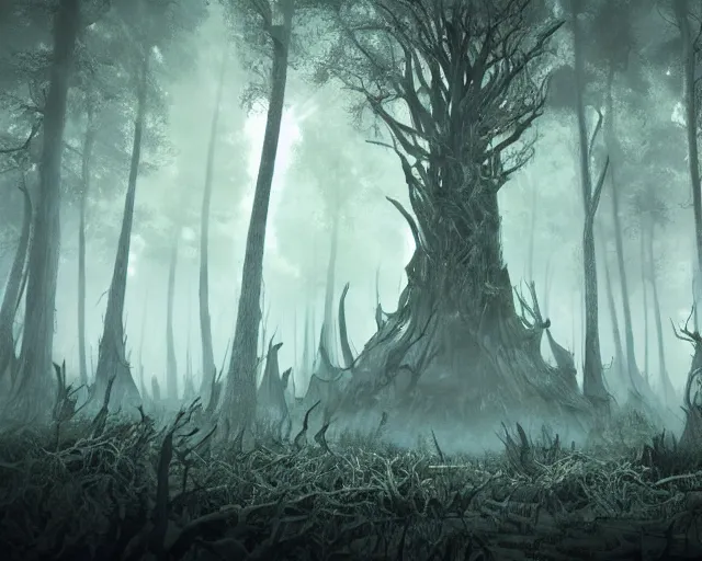 Prompt: an epic action concept masterpiece of a forest made of skeletons, inspired by sd ai. horrific digital art, extremely moody lighting