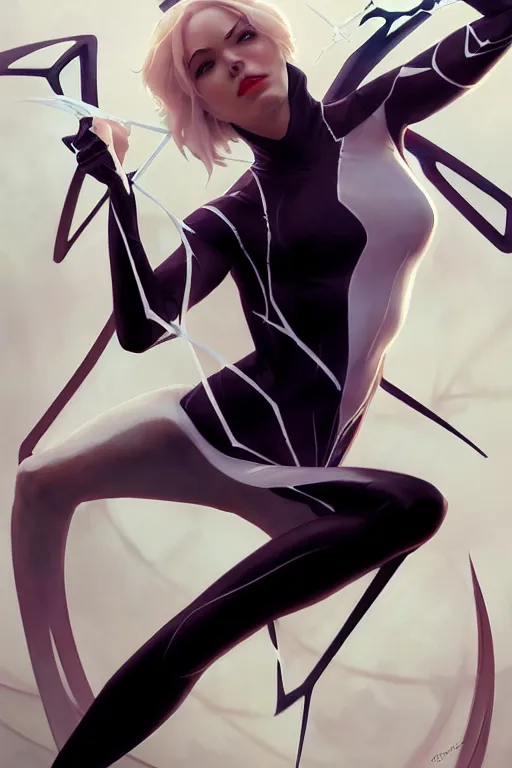 Image similar to elegant spider gwen aeon flux profile picture by greg rutkowski, dynamic pose, intricate, futuristic, fantasy, elegant, by stanley artgerm lau, greg rutkowski, thomas kindkade, alphonse mucha, loish, thierry mugler, norman rockwell,