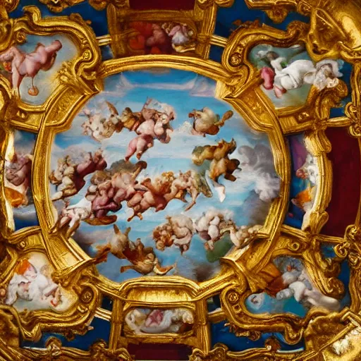 Image similar to A baroque painting of dogs running in fields of flowers, painted on the ceiling of a basilica by Michelangelo, gold and red color palette