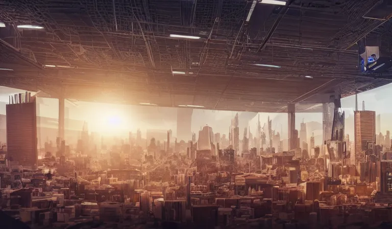 Image similar to large group of people in simple warehouse, looking at hologram of futuristic city on a table, cinematic concept art, godrays, golden hour, natural sunlight, 4 k, clear details, tabletop model buildings, center model buildings, hologram center, crane shot, crane shot, crane shot