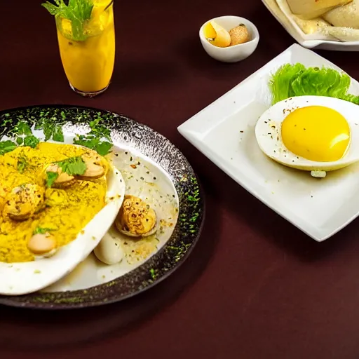 Image similar to aji de gallina, garnished with half boiled eggs and lettuce, michelin star restaurant, award winning photo, food photography, 4 k