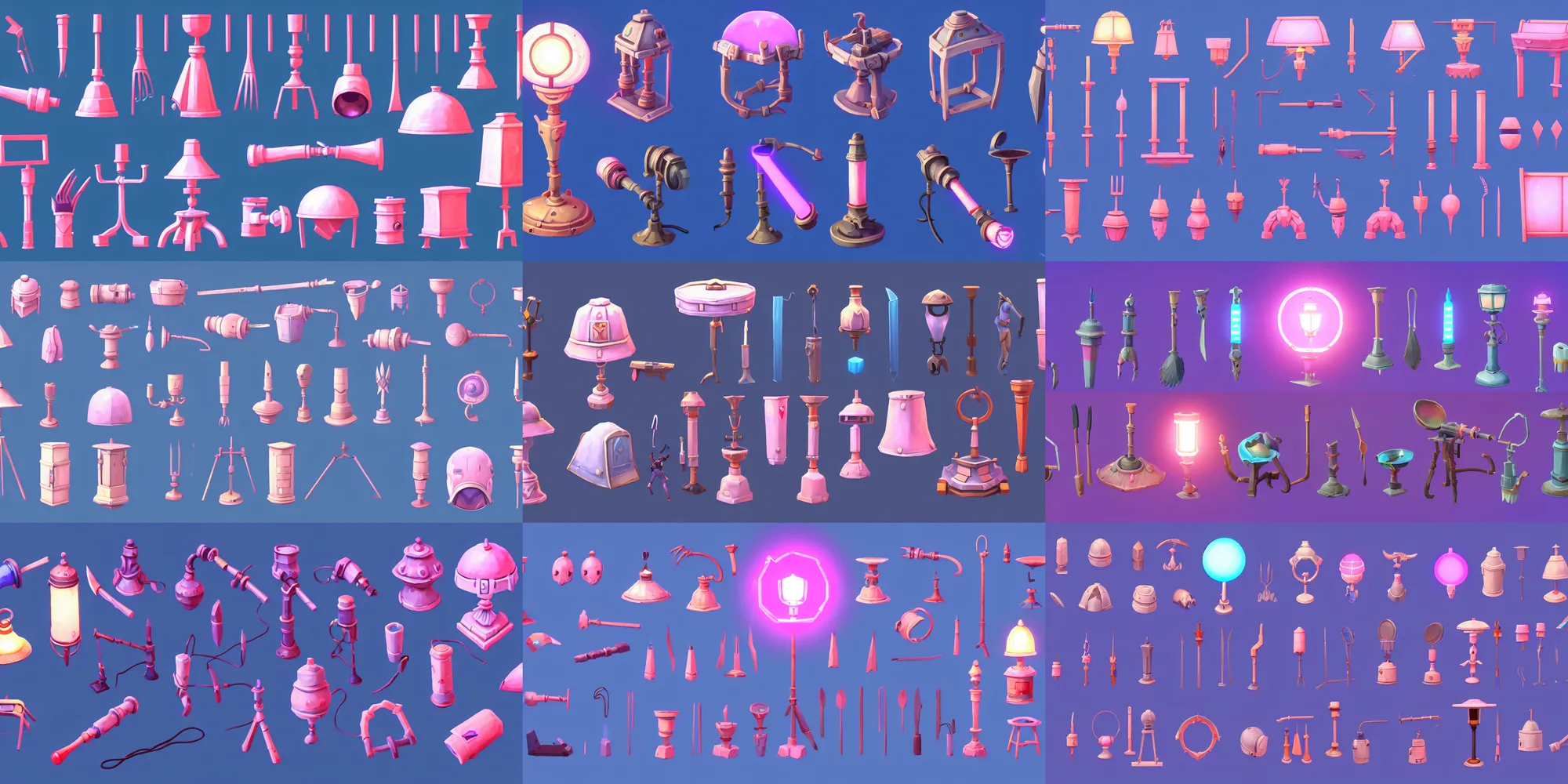Prompt: game asset of the sims utensils of table lamp and light source, led, lantern, in gouache detailed paintings, props, stylized, 2 d sprites, kitbash, arcane, overwatch, blue and pink color scheme, 8 k, close up
