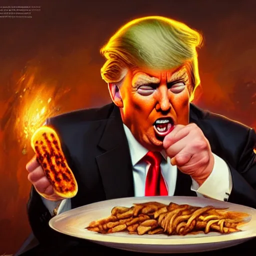 Image similar to donald trump eating a kebab, closeup, d & d, fantasy, intricate, elegant, highly detailed, digital painting, artstation, concept art, matte, sharp focus, illustration, art by artgerm and greg rutkowski and alphonse mucha