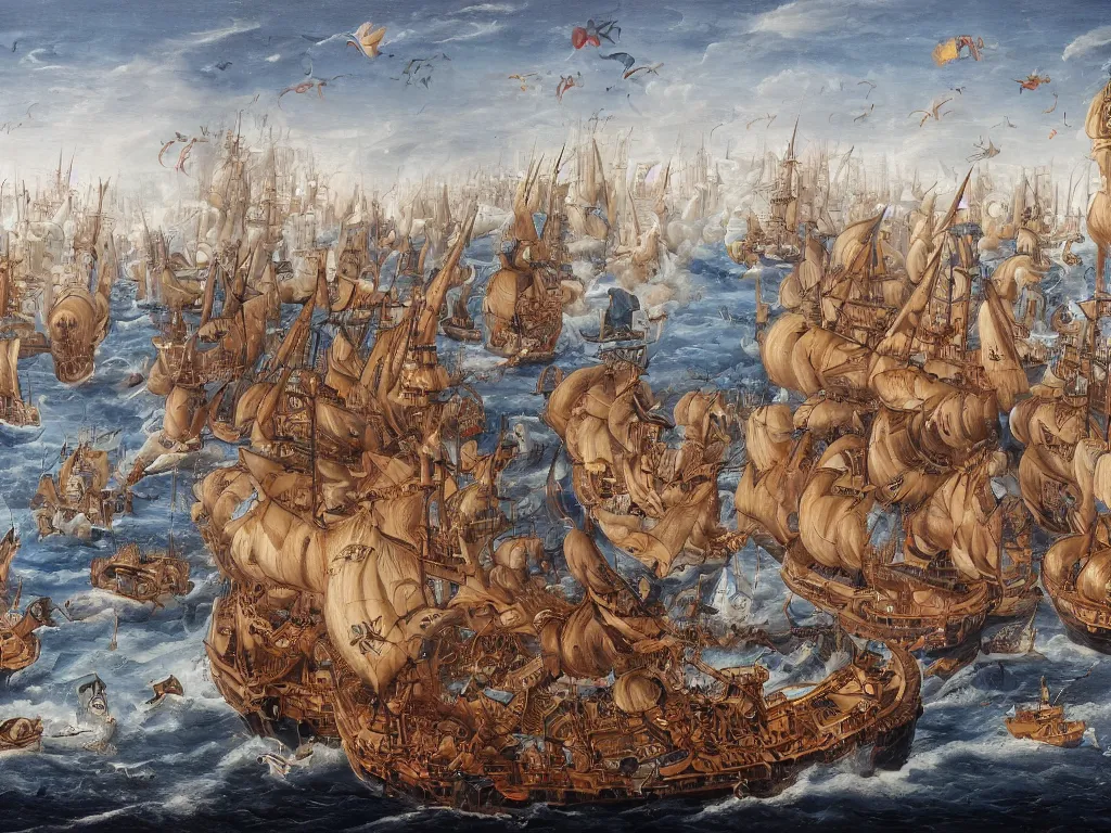 Image similar to An oil painting of a medieval naval battle, highly detailed, intricate, 4k, masterpiece