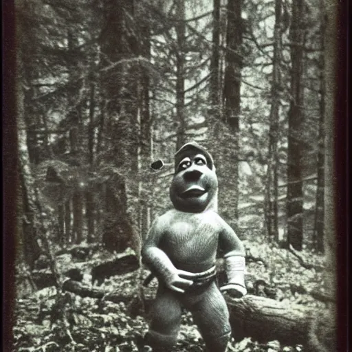 Image similar to 1 9 6 0's old polaroid of shrek staring from the depths of the dark gloomy forest, photorealistic, grainy, found footage, old film, low quality, horror, creepy, unsettling, liminal, strangely terrifying