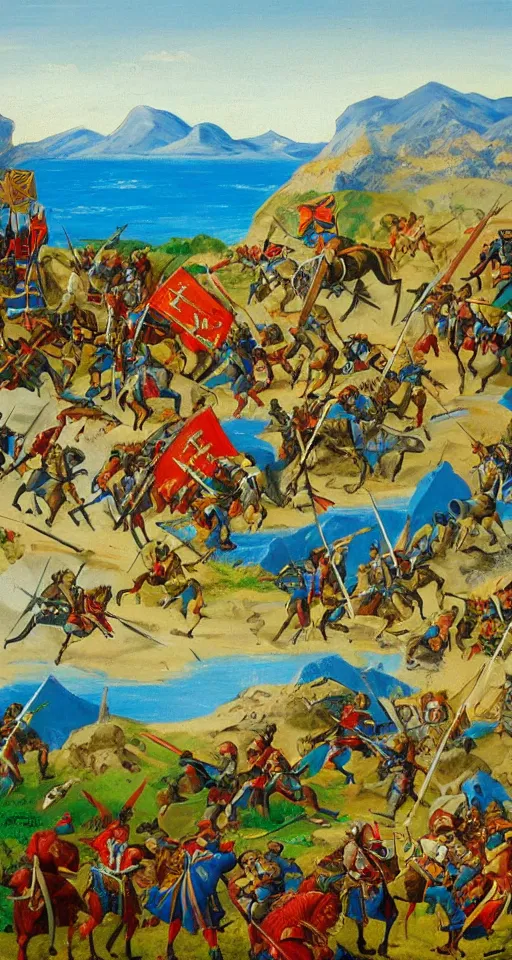 Image similar to colorful simple wideshot of a medieval battle in front of a beautiful large blue mountainscape, painting