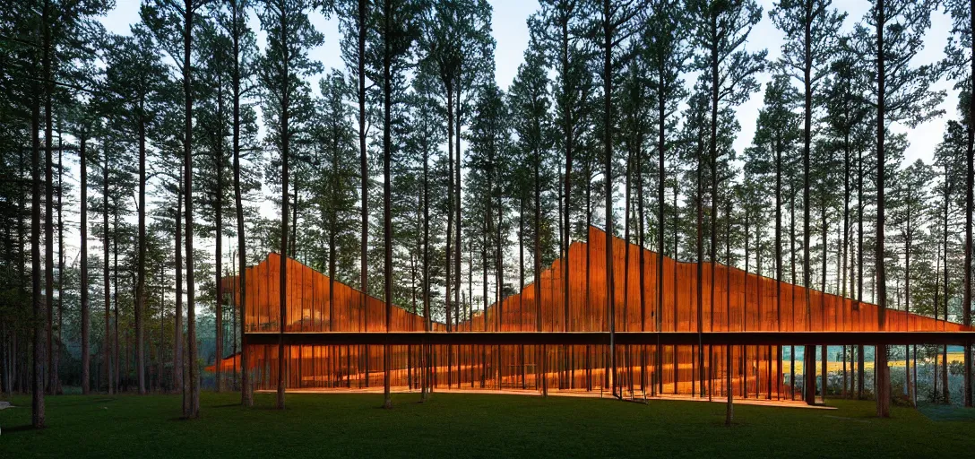 Image similar to faceted roof planes lift and descend creating shade and architectural expression, highly detailed, situated in the forest, next to a highly reflective lake, at dusk, vivid color