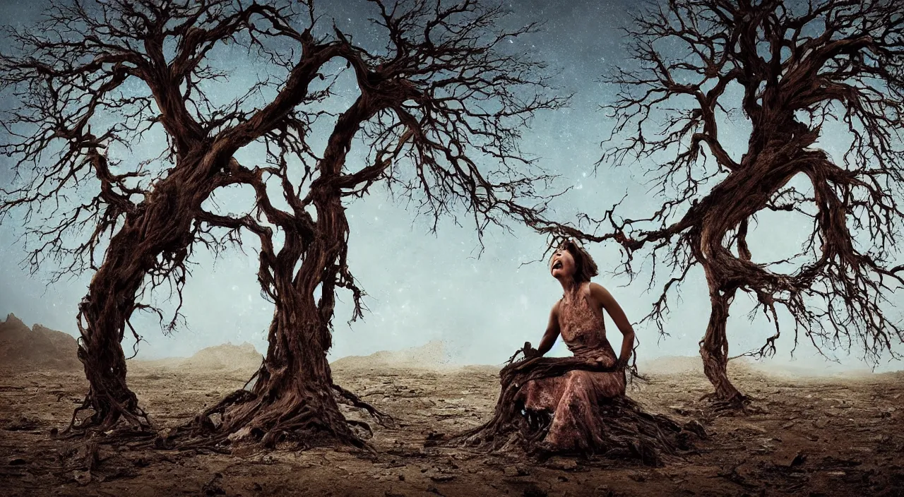 Image similar to 65-year-old tree-like Gaia Goddess crying one emotionless tear as she sits on a dried up river in a desolate land, blue sky, hot and sunny, highly-detailed, elegant, dramatic lighting, artstation, 4k, cinematic landscape, photograph by Elizabeth Gadd