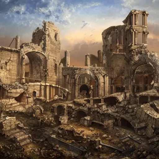 Image similar to High-Quality realist painting of the ruins of a medieval city after a war, ominous, very detailed, digital art.