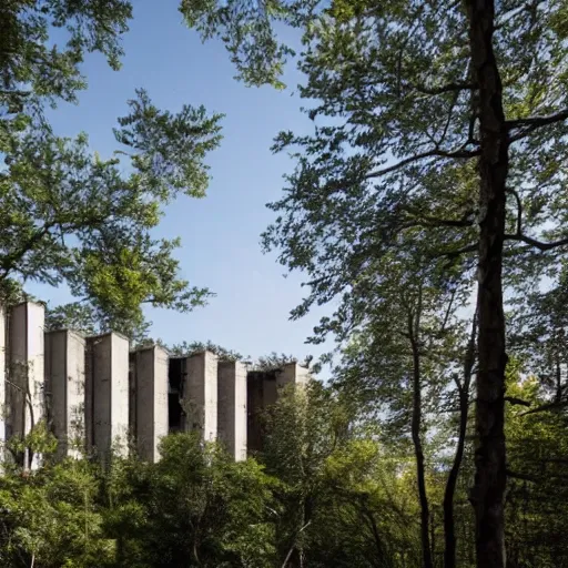 Prompt: an eco-brutalist building amongst the trees