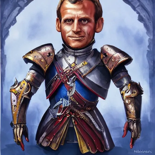 Prompt: portrait of Emmanuel Macron in fantasy armor, detailed, cinematic light, art of D&D